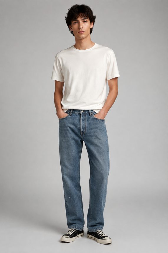 The same jeans shown worn by a model, generated by SellMate AI